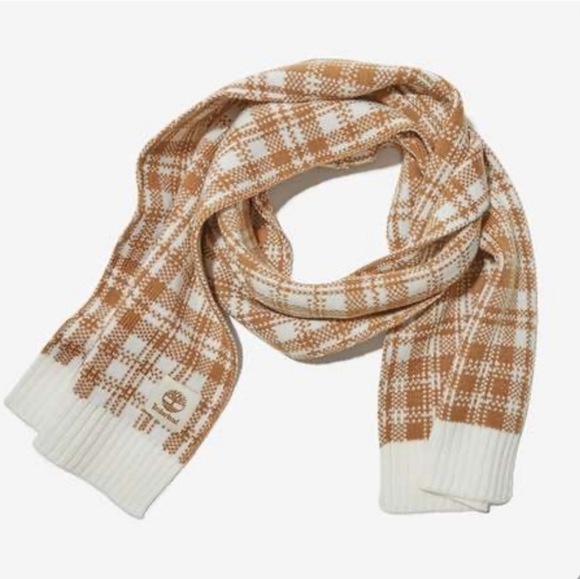 TIMBERLAND Buffalo Plaid Scarf Tan And White Super Soft New With Tags - Picture 3 of 6